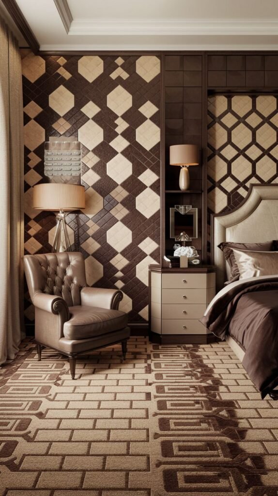 An Art Deco-style bedroom wall covered in dimensional, diamond-shaped geometric tiles in high-contrast dark brown and light beige colors.