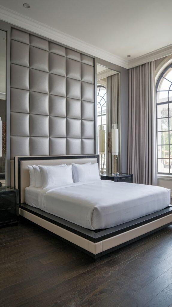 A bedroom featuring a floor-to-ceiling headboard wall covered in large, plush, square upholstered panels in a light gray or silver tone, flanked by vertical mirrors.