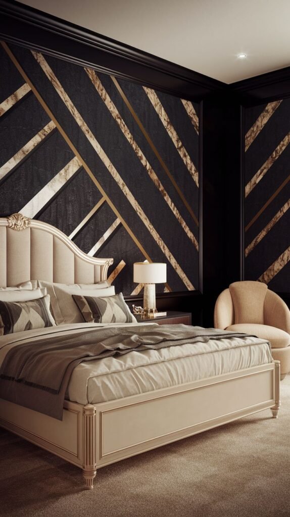 A dark accent wall featuring a bold geometric pattern created by diagonal gold metallic strips overlaid on a black textured surface.