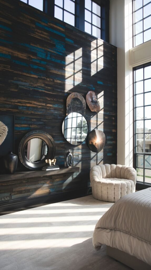 A high wall covered in wide, horizontal dark wood planks, displaying patches of distressed blue paint, accented by a collection of circular mirrors and decorative elements.