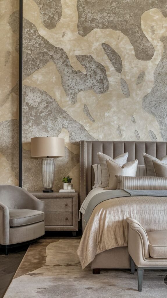 A contemporary accent wall finished with a large-scale, organic, mottled pattern using varying textures and tones of beige, cream, and gray.