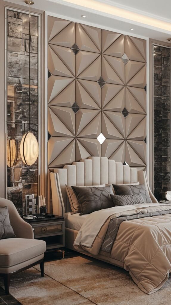 An accent wall featuring a central inset section of large, dimensional, faceted beige geometric panels, bordered by dark stacked stone and mirrored elements.