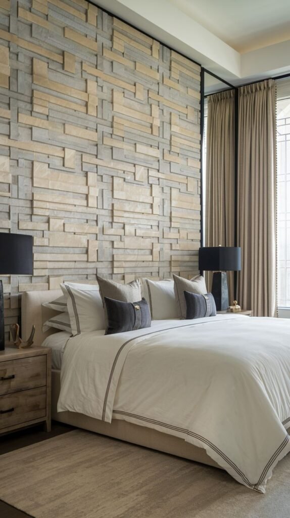 A bedroom accent wall covered in three-dimensional stacked stone, composed of long, narrow horizontal pieces in mixed light beige and gray tones.