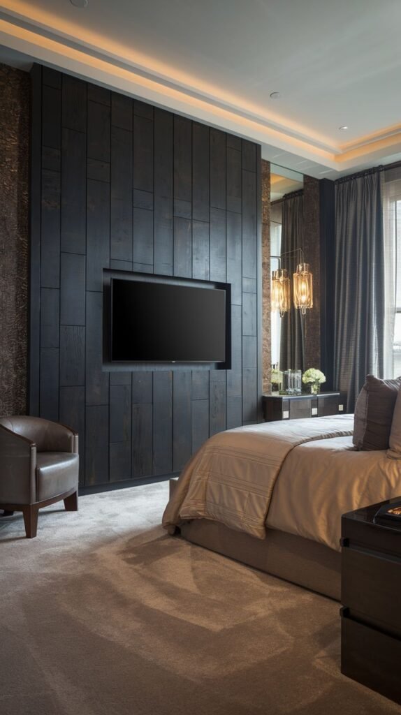 A modern bedroom wall featuring vertical dark wood planks with a large, recessed area accommodating a flush-mounted television screen.