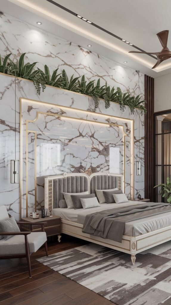 A luxurious accent wall clad in white marble slab with prominent dark veining, framed by elaborate gold-toned trim and featuring a horizontal planter box with greenery.