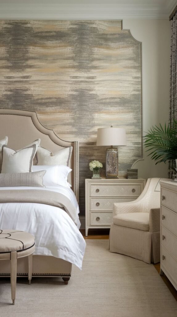 A bedroom wall framed by decorative molding, enclosing a field of decorative finish characterized by layered, horizontal brushstrokes or texture in shades of gray, tan, and cream.