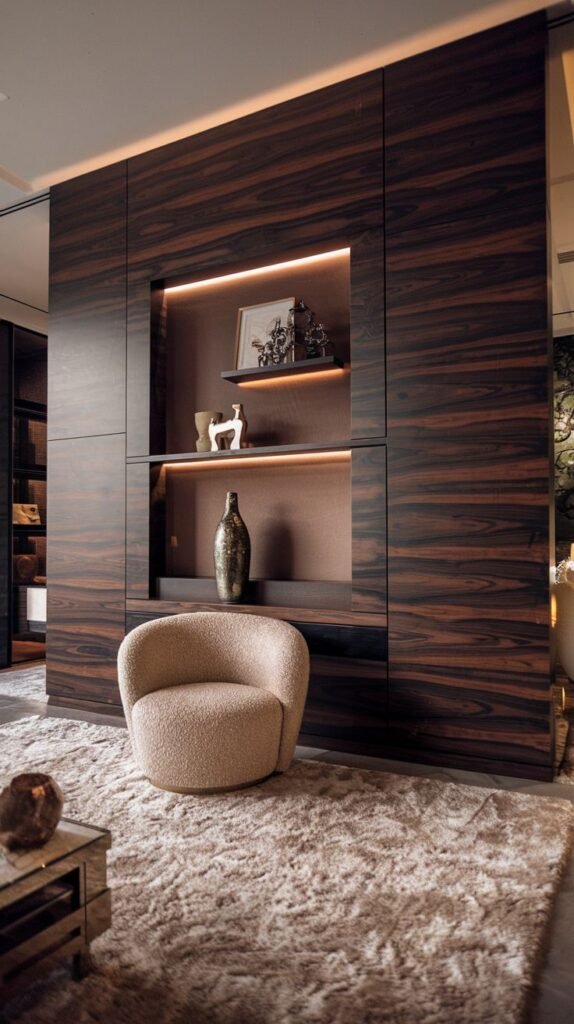 A floor-to-ceiling feature wall covered in rich, dark, horizontal high-figure wood veneer, containing a central, narrow niche display shelf backlit with warm strip lighting.