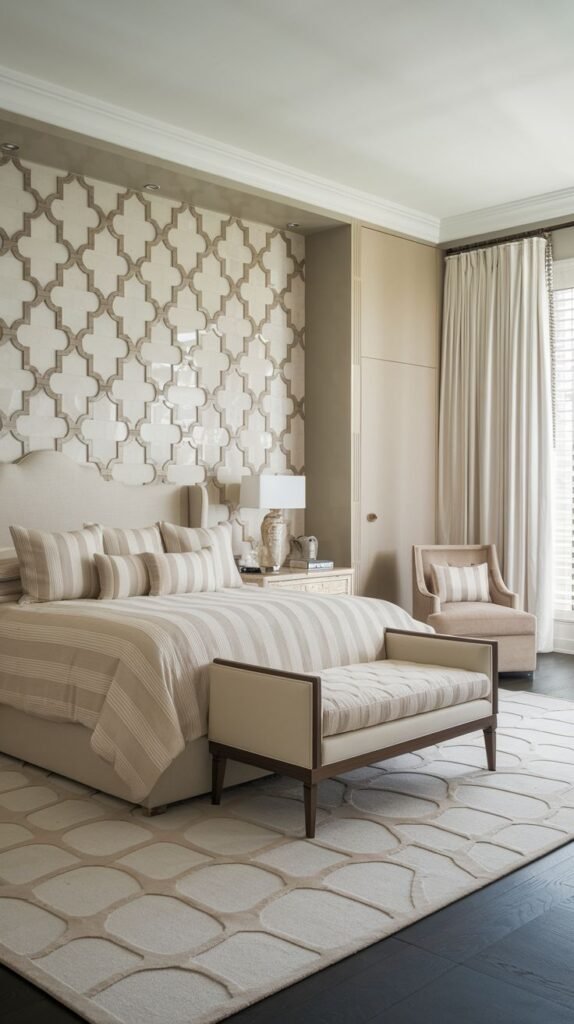 A neutral bedroom featuring a wall covered in large, glossy white or cream tiles arranged in a repeating quatrefoil or traditional mosaic pattern.