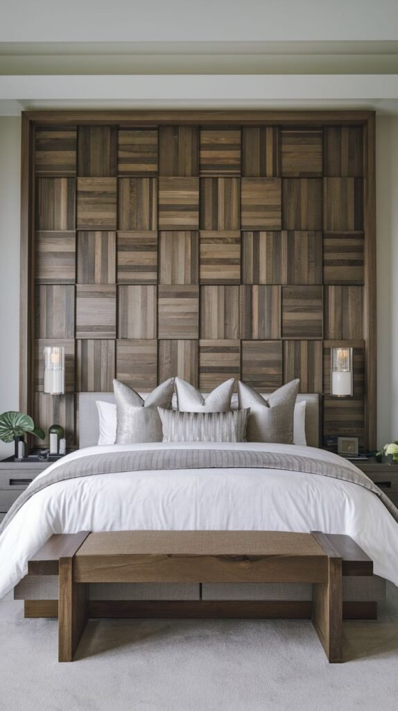 A wide accent panel framed in wood, composed of dimensional squares where the wood grain alternates direction in a checkerboard style, flanked by cylindrical sconces.