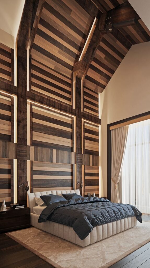 A bedroom featuring a high, vaulted ceiling where the wall and ceiling are clad in a patchwork of horizontal wood planks of mixed tones, intersected by dimensional beams with embedded vertical strip lighting.