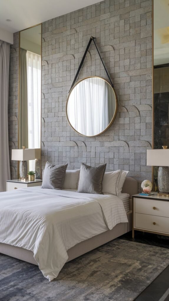 A bedroom accent wall covered in textured, light gray dimensional square blocks, flanked by tall vertical mirrors with gold trim.