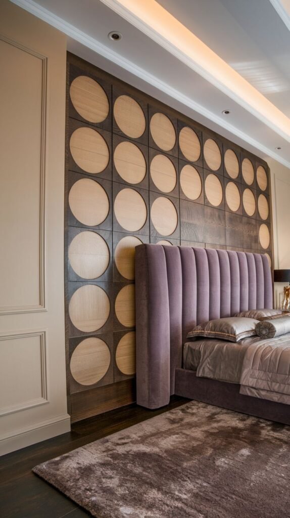 A bedroom accent wall features square panels of dark wood inlaid with large, lighter circular wood elements, set above a plush, tall purple channel-tufted headboard.