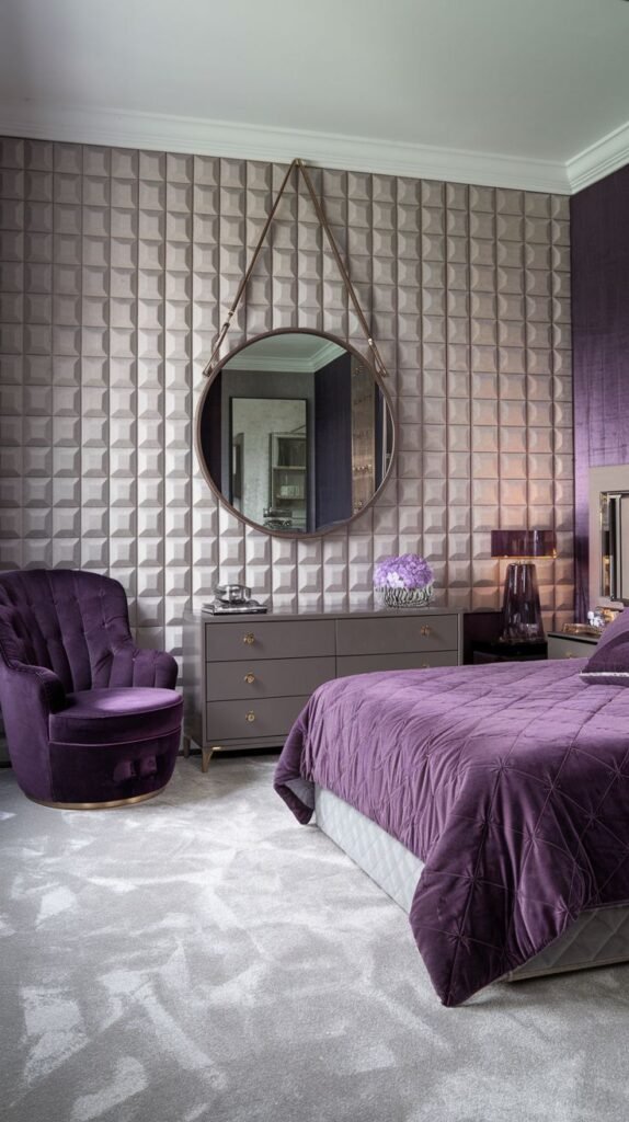 A luxurious bedroom wall covered entirely in dimensional square 3D panels creating a repetitive pyramid or faceted pattern in a muted lilac or mauve color.