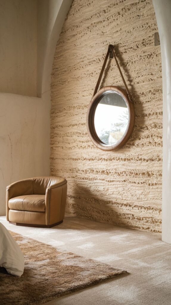 A contemporary arched alcove featuring a wall with deep, horizontal striated plaster texture in a warm beige tone, centered with a circular mirror.