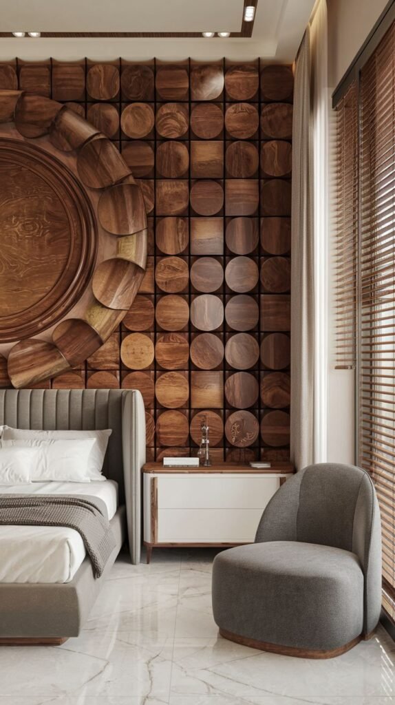 A dimensional accent wall built from small, dark wood blocks, featuring an oversized circular, deeply carved wooden medallion element offset to the left.