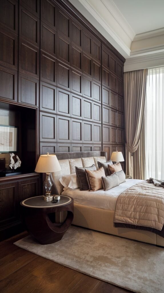 A traditional bedroom with a floor-to-ceiling accent wall clad in dark, richly stained wood paneling arranged in a grid of recessed rectangular frames.