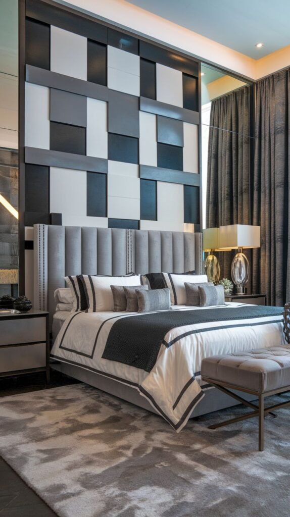 A bold, contemporary accent wall composed of dimensional square and rectangular blocks in black, white, and shades of gray, flanked by vertical mirrored strips.