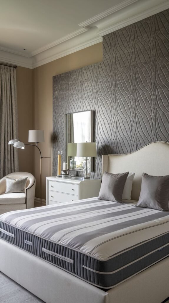 A bedroom accent wall covered in dark taupe or gray wallpaper featuring a large-scale, repeating organic leaf or fern pattern texture.