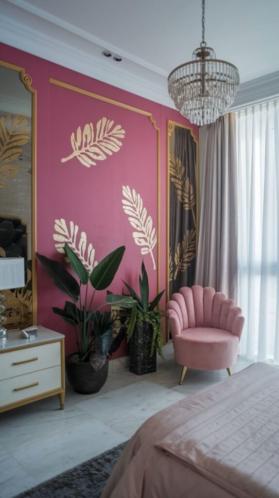 Luxury bedroom featuring a fuchsia pink accent wall paneled with gold trim and decorated with large gold leaf tropical motifs.
