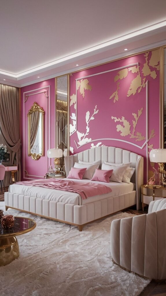 Bright pink accent wall framed in gold, decorated with large metallic gold silhouette appliqués of branches or botanical elements.