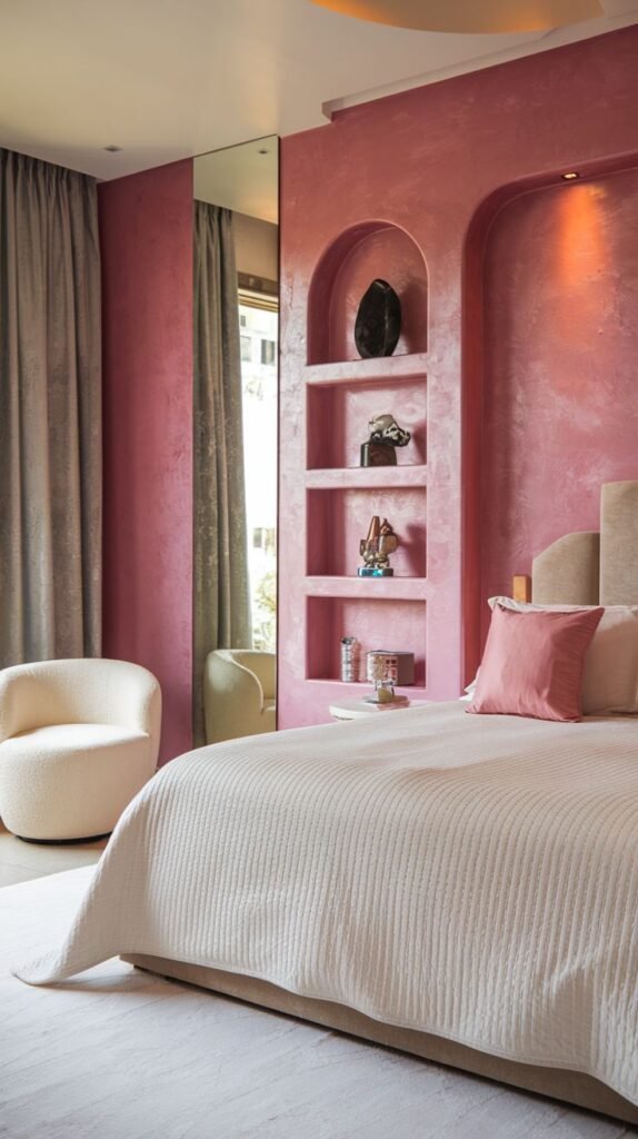 Bedroom wall featuring a distressed pink plaster texture with integrated arched vertical shelving niches holding decorative objects.