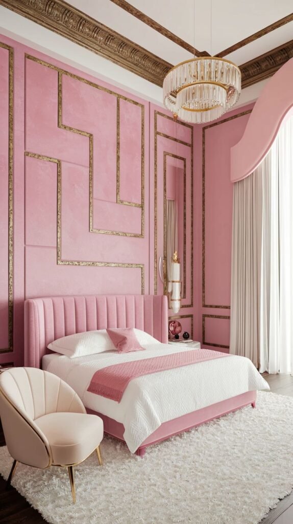 Dusty pink textured accent wall paneled with abstract, angular gold geometric molding lines.