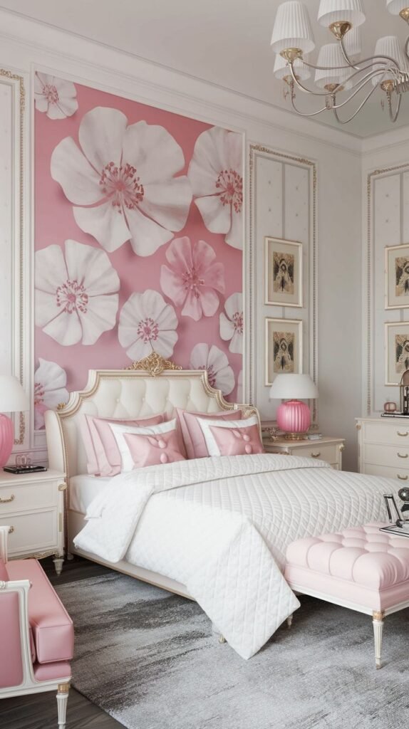 Pink accent wall featuring large, dramatic, three-dimensional white and pale pink floral decals or appliqués above the bed.