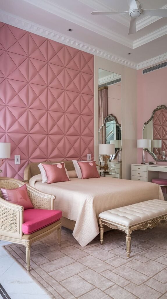 Bedroom featuring a three-dimensional accent wall covered in repeating geometric upholstered pink pyramid panels.