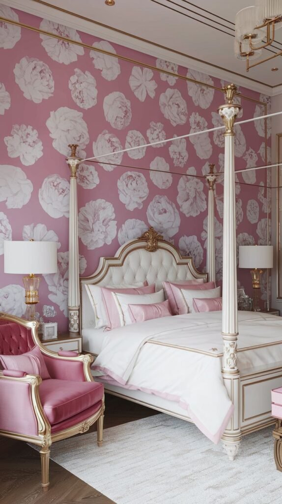 Dusty rose pink accent wall covered in wallpaper featuring large, repeating white peony or rose floral patterns.