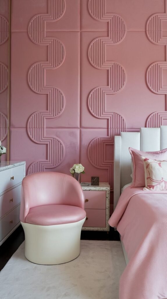 Pink upholstered wall panels featuring unique raised geometric designs composed of slatted curved and circular elements.