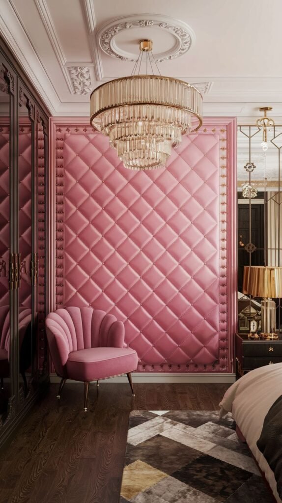Opulent bedroom featuring a floor-to-ceiling diamond-quilted upholstered wall panel in shiny pink velvet.