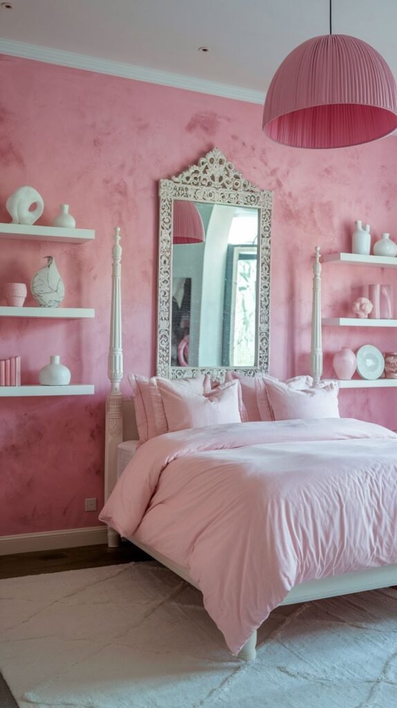 Bedroom with a rough, highly textured, mottled pink accent wall featuring white floating shelves and a detailed white carved mirror.