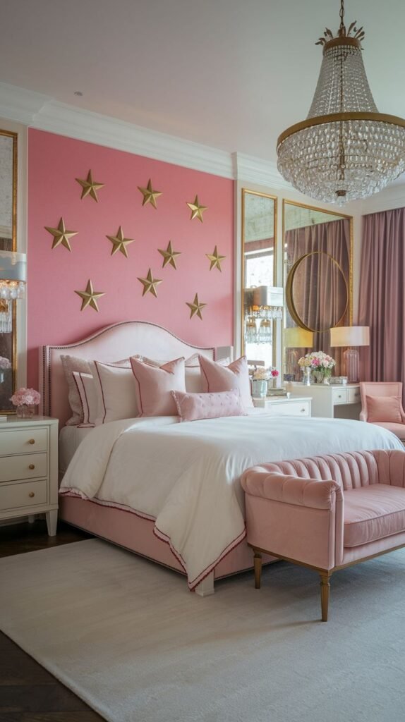 Light pink accent wall decorated with scattered, dimensional gold star appliqués.