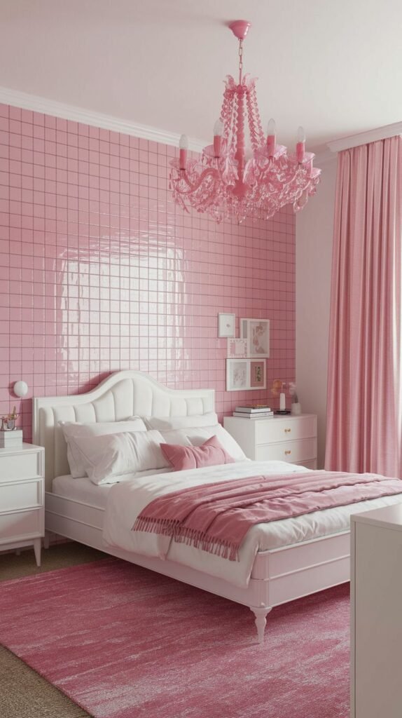 Modern bedroom featuring an accent wall covered completely in high-gloss, square pink ceramic tiles.