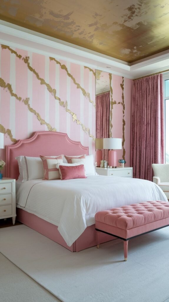 Accent wall featuring vertical pink and white stripes overlaid with bold, irregular diagonal streaks of gold metallic foil.