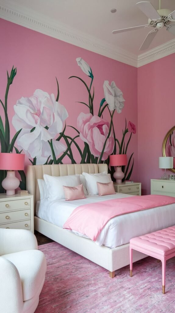 Bright pink accent wall painted with a large, dramatic mural of white and pink flowers with tall green stems.