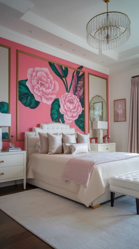 Pink accent wall featuring a central panel with a framed, large, bold painting of pink roses or camellias with dark green leaves.