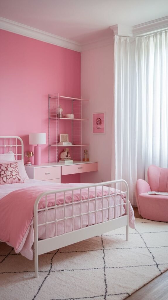 Minimalist bedroom featuring a solid, smooth medium pink accent wall contrasting with white furniture and bedding.