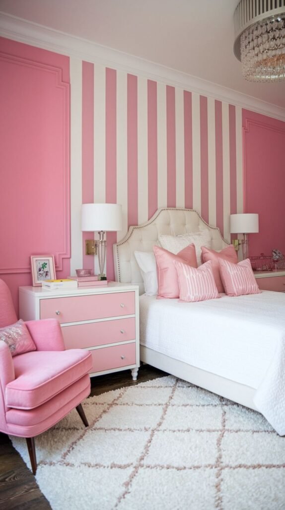 Bedroom accent wall painted with bold, alternating vertical stripes of pink and white.