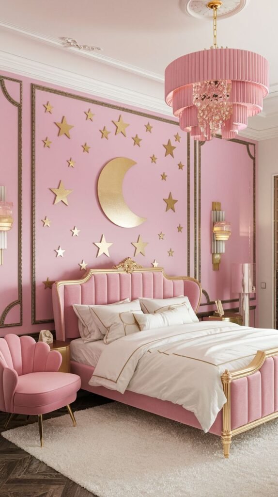 Pink bedroom with a celestial accent wall decorated with gold stars and a large gold crescent moon, framed by gold decorative molding.