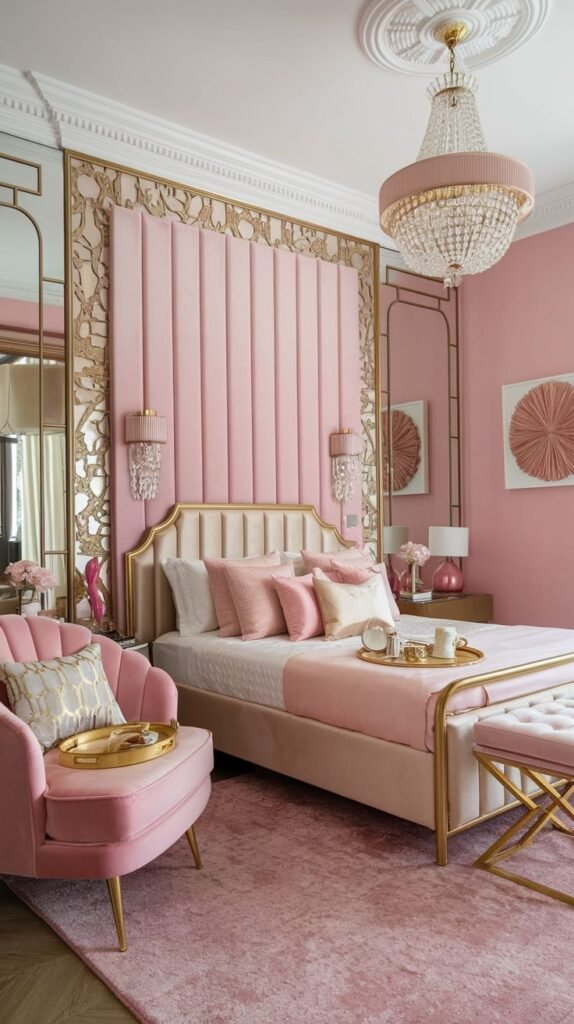 Glamorous bedroom featuring a floor-to-ceiling accent wall covered in vertical channel tufting in light pink velvet, flanked by mirrored panels with gold trim.