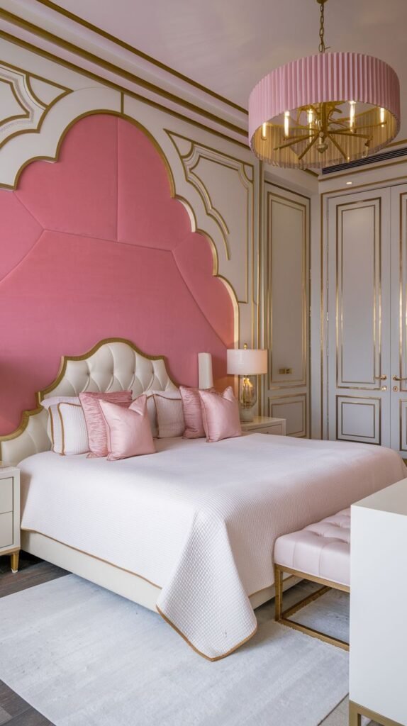 Bedroom featuring an oversized, arched pink fabric headboard panel set into elaborate white and gold wall framing.