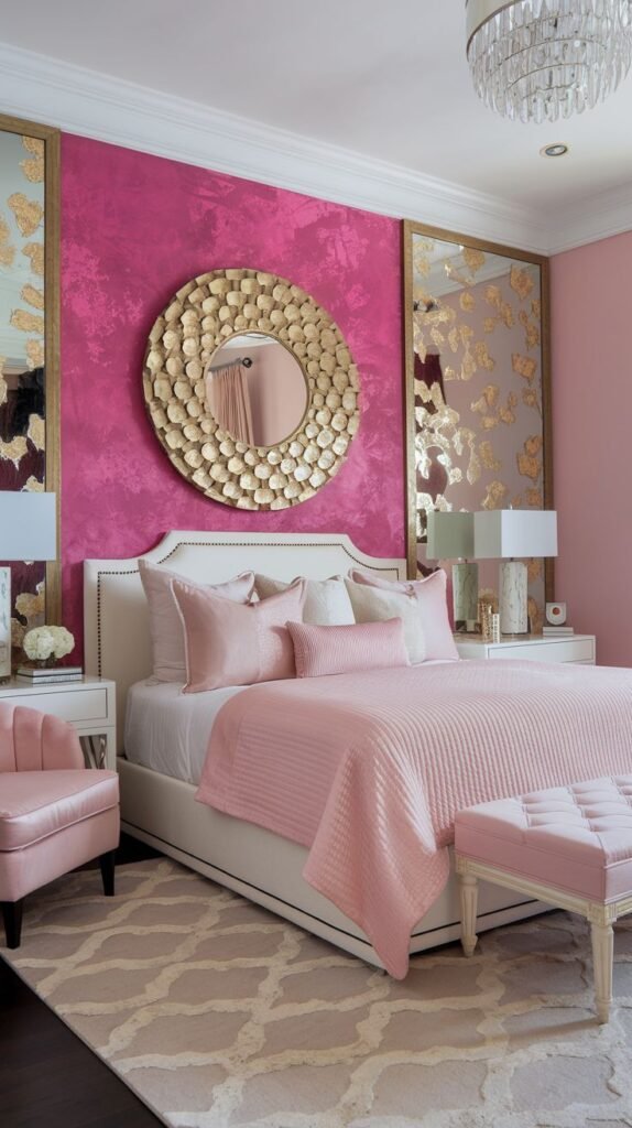 Bedroom with a heavily textured, vibrant cerise pink accent wall centered by a large, ornate circular gold mirror.