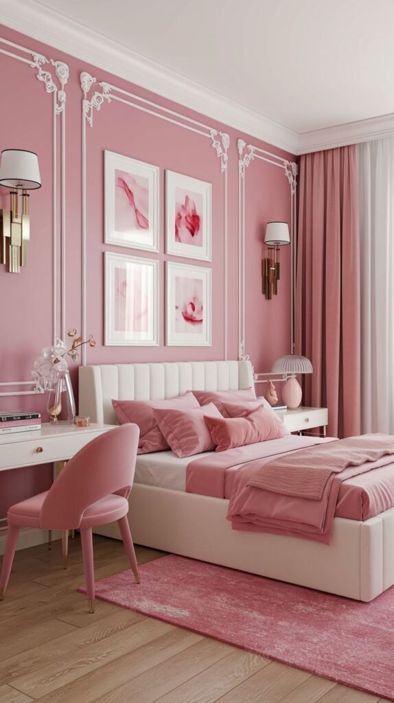 Soft pink bedroom wall framed with white classical molding, displaying a grid of four pink floral prints above a white bed.
