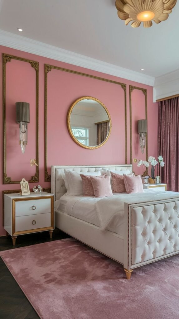 Luxurious bedroom featuring a solid pink wall framed by gold trim molding, centered by a gold round mirror above a white tufted bed.