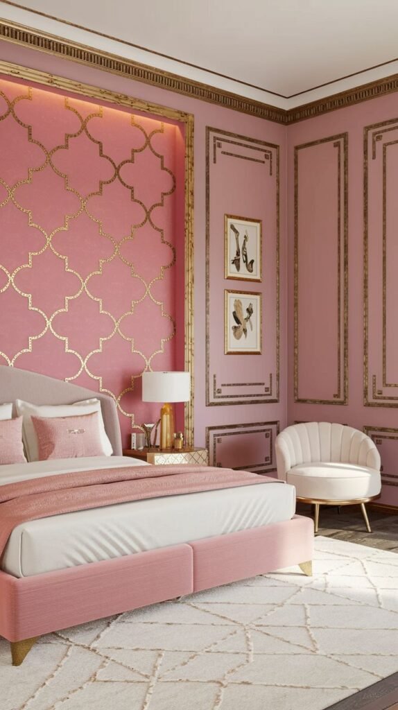 Pink bedroom accent wall decorated with an intricate gold Moroccan geometric trellis pattern wallpaper or overlay.