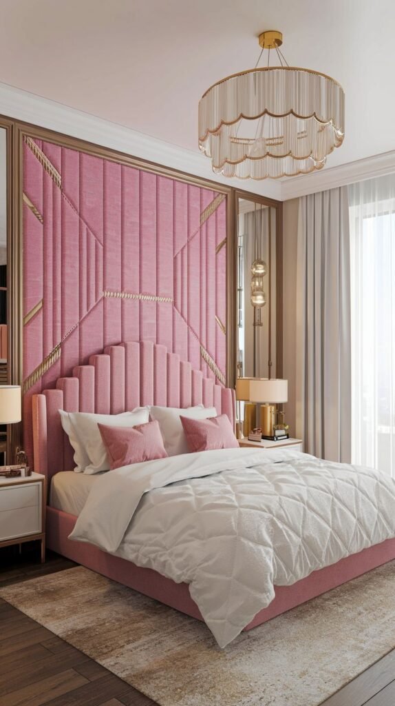 Dramatic pink upholstered accent wall featuring vertical channel tufting segmented by geometric metallic gold trim forming an inverted X design.