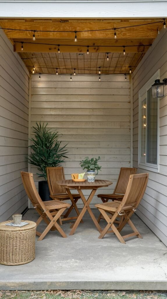 An intimate covered dining nook with wooden folding furniture, string lights, and a large potted plant, resting on a concrete floor beneath exposed wood beams.