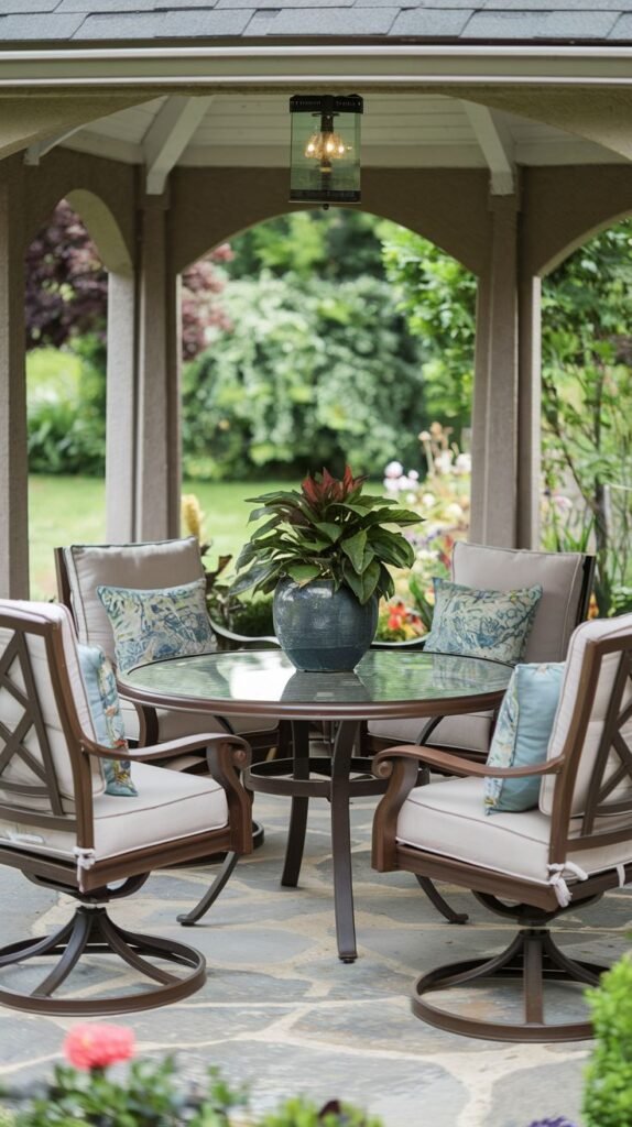 A dining set of four cushioned swivel chairs and a glass-top table inside a stone gazebo structure, resting on irregular gray flagstone flooring.