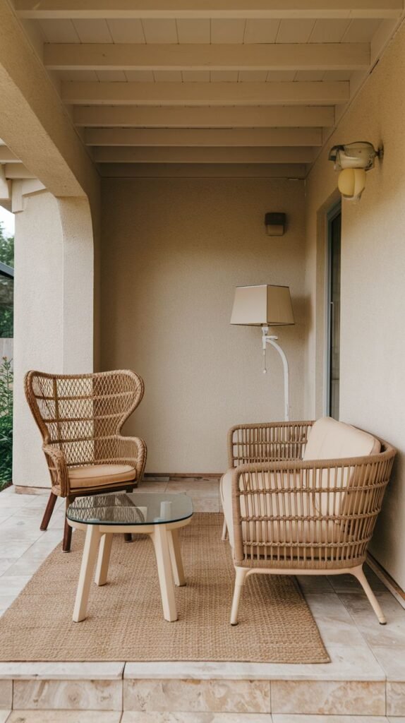 An intimate porch seating area with two mismatched natural rattan armchairs and a small glass side table on a woven rug, set against pale stucco walls.